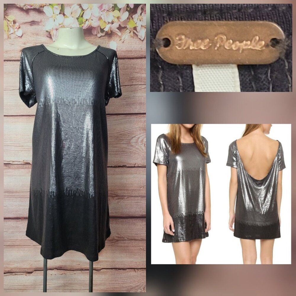Free People Women Drenched In Sequins Dress Gunmetal Metallic Open Back Size S